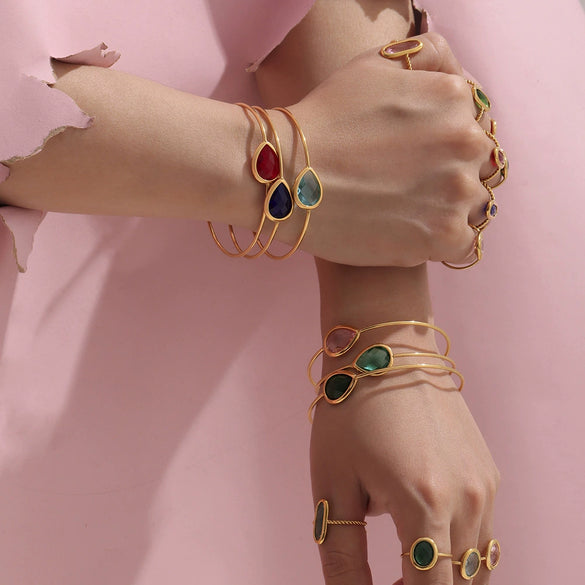 Wholesale Women's Goldplated Stainless Steel And Glass Stone Ferris Wheel Dropshaped Open Bracelet In Geometric Light Luxury Style