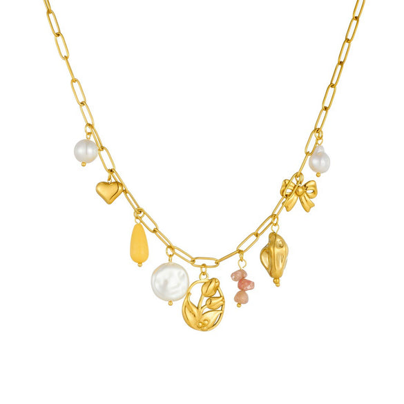 Wholesale Women's Goldplated Stainless Steel Floral Geometric Pendant Necklace With Flat Cross Chain
