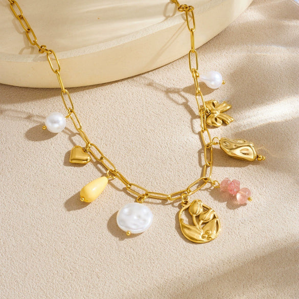 Wholesale Women's Goldplated Stainless Steel Floral Geometric Pendant Necklace With Flat Cross Chain