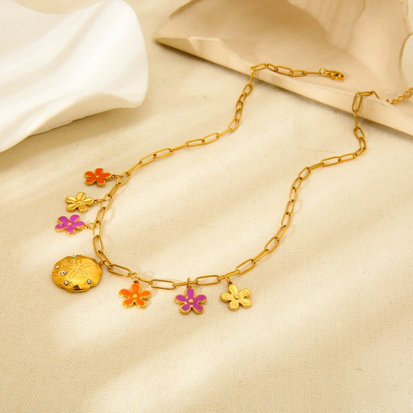 Wholesale Women's Goldplated Stainless Steel Flower Pendant Cross Chain Necklace With Enamel