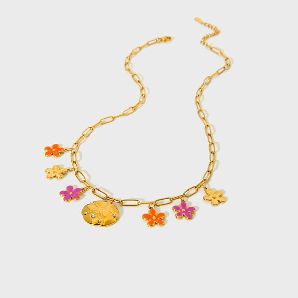 Wholesale Women's Goldplated Stainless Steel Flower Pendant Cross Chain Necklace With Enamel