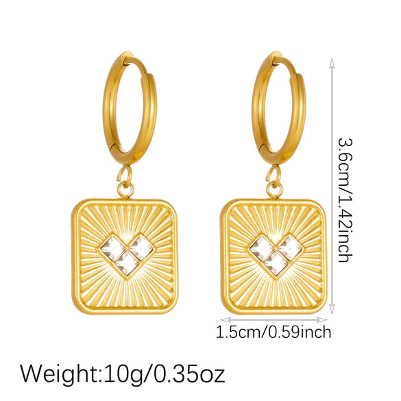Wholesale Women's Goldplated Stainless Steel Geometric Heartshaped Diamondencrusted Earrings With Square Pendants And Ear Hoops