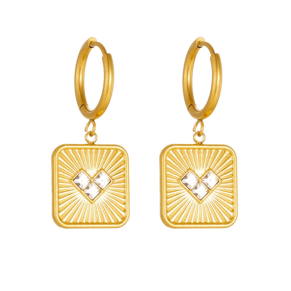 Wholesale Women's Goldplated Stainless Steel Geometric Heartshaped Diamondencrusted Earrings With Square Pendants And Ear Hoops