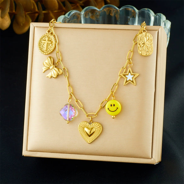 Wholesale Women's Goldplated Stainless Steel Heart Shape And Flower Pattern Hollow Pendant Necklace With Cross Chain