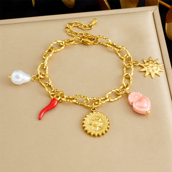 Wholesale Women's Goldplated Stainless Steel Heartshaped Plant Flower Pendant Jewelry Bracelet