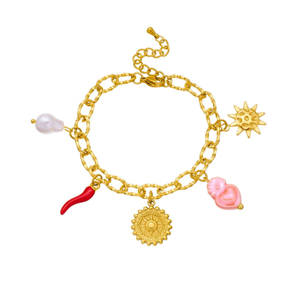 Wholesale Women's Goldplated Stainless Steel Heartshaped Plant Flower Pendant Jewelry Bracelet