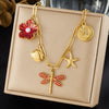Wholesale Women's Goldplated Stainless Steel Insect And Flower Pattern Flat Cross Chain Necklace