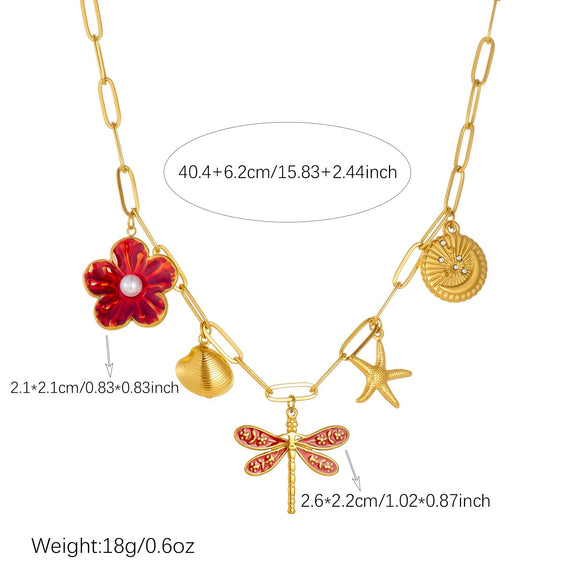 Wholesale Women's Goldplated Stainless Steel Insect And Flower Pattern Flat Cross Chain Necklace