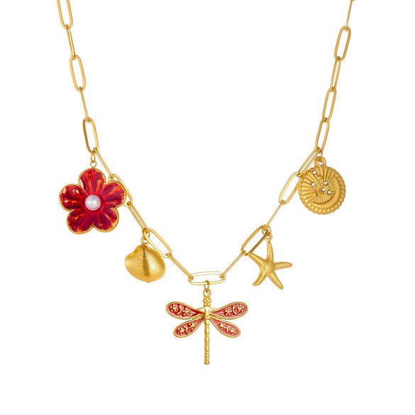 Wholesale Women's Goldplated Stainless Steel Insect And Flower Pattern Flat Cross Chain Necklace