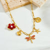 Wholesale Women's Goldplated Stainless Steel Insect And Flower Pattern Flat Cross Chain Necklace