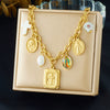 Wholesale Women's Goldplated Stainless Steel Jewelry Set With Cross Crown Roman Numerals Pattern O Word Chain