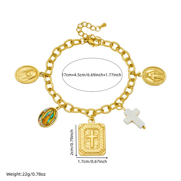 Wholesale Women's Goldplated Stainless Steel Jewelry Set With Cross Crown Roman Numerals Pattern O Word Chain