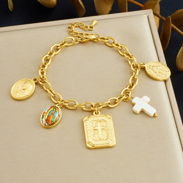Wholesale Women's Goldplated Stainless Steel Jewelry Set With Cross Crown Roman Numerals Pattern O Word Chain