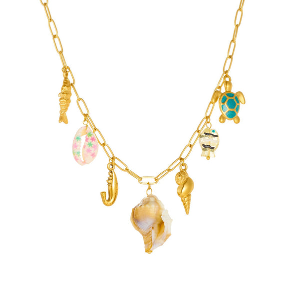 Wholesale Women's Goldplated Stainless Steel Marine Life Conch And Small Fish Pendant Necklace With Flat Cross Chain