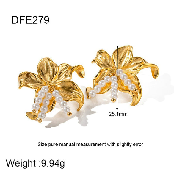 Wholesale Women's Goldplated Stainless Steel Water Drop Zircon Pearl Flower Geometric Earrings