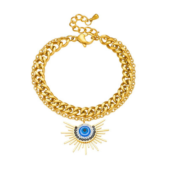 Wholesale Women's Goldplated Titanium Steel Doublelayer Chain Awn Star Eye Pendant Bracelet