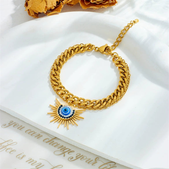 Wholesale Women's Goldplated Titanium Steel Doublelayer Chain Awn Star Eye Pendant Bracelet