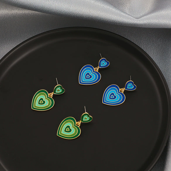 Wholesale Women's Gradient Multilayer Colormatching Love Drop Earrings In Alloy With Dripping Oil Process And Double Peach Heart Design