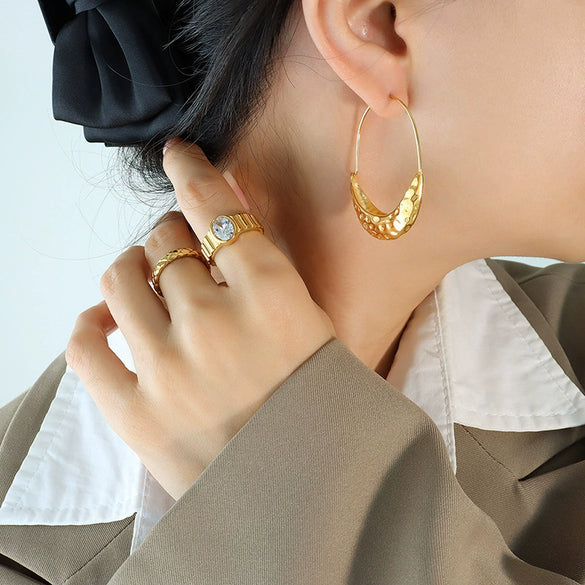 Wholesale Women's Greek Exaggerated Retro Shipshaped Titanium Steel Embossed Electroplated Light Luxury Geometric Jewelry Earrings