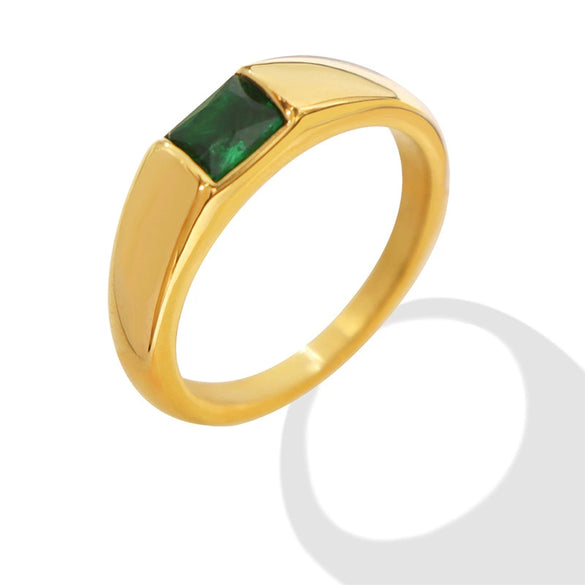 Wholesale Women's Green Diamond Zircon Inlaid Elegant Ring Titanium Steel 18K Gold Plated Geometric Design
