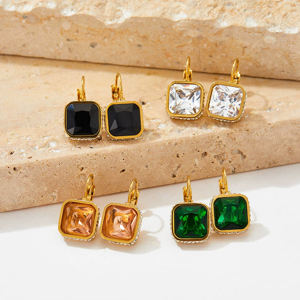 Wholesale Women's Green Square Crystal Stainless Steel Earrings With Geometric Design And Electroplating