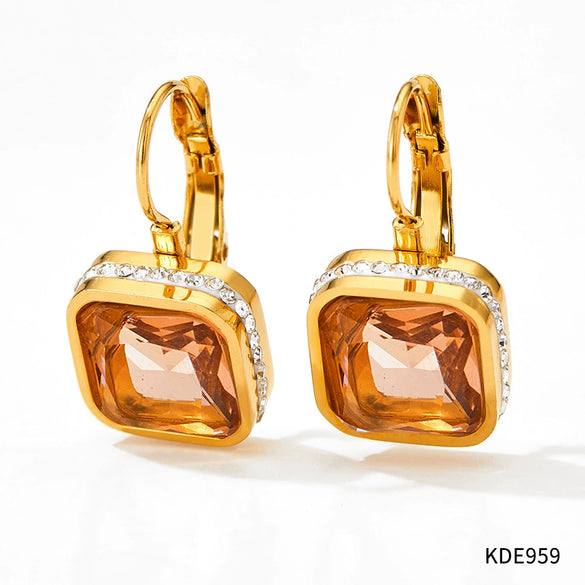 Wholesale Women's Green Square Crystal Stainless Steel Earrings With Geometric Design And Electroplating