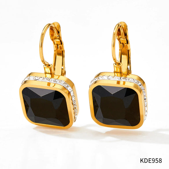 Wholesale Women's Green Square Crystal Stainless Steel Earrings With Geometric Design And Electroplating