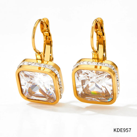 Wholesale Women's Green Square Crystal Stainless Steel Earrings With Geometric Design And Electroplating