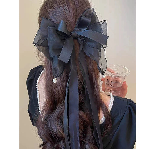 Wholesale Women's Hair Accessories Elegant Ponytail Ribbon Hairpin Big Bow Fabric Handmade Spring Clip