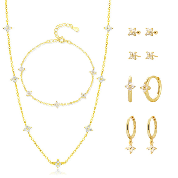 Wholesale Women's Hand Jewelry Set S925 Sterling Silver Fourleaf Clover Pattern Elegant Electroplated Necklace Bracelet Earrings Set