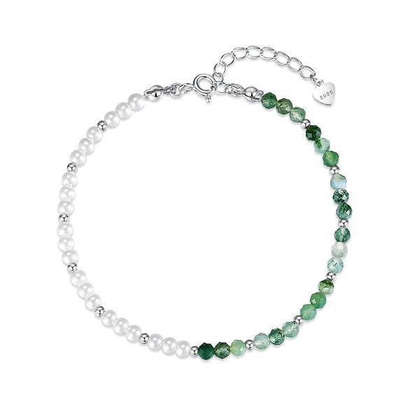 Wholesale Women's Hand Knitted Geometric S925 Sterling Silver Natural Water Grass Agate Pearl Bracelet With Little Fresh Style