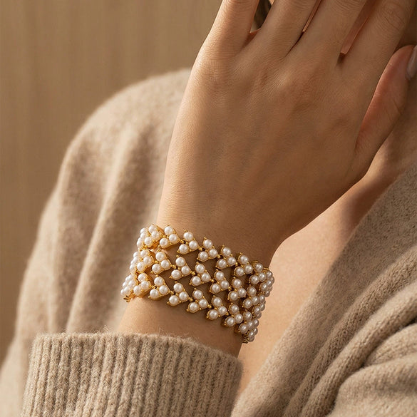 Wholesale Women's Handassembled Geometric Stainless Steel 18K Gold Plated Imitation Pearl Bracelet