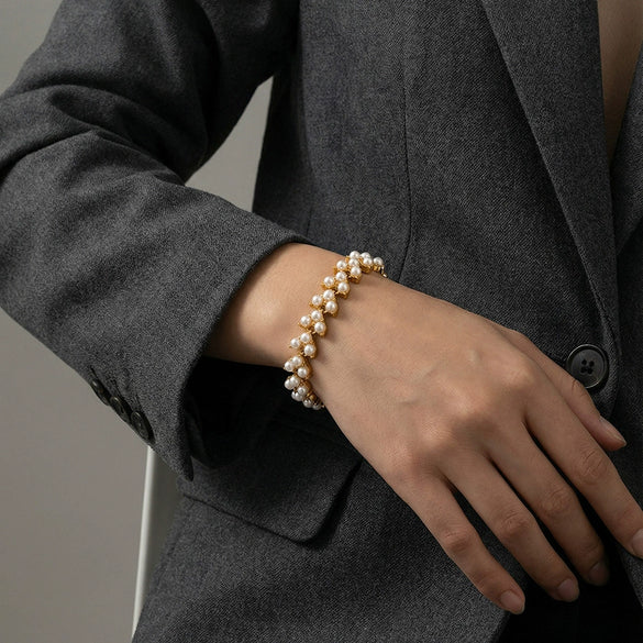 Wholesale Women's Handassembled Geometric Stainless Steel 18K Gold Plated Imitation Pearl Bracelet