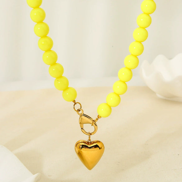 Wholesale Women's Handmade Acrylic Ball Chain Necklace With 18K Gold Plated Heart Stainless Steel Pendant