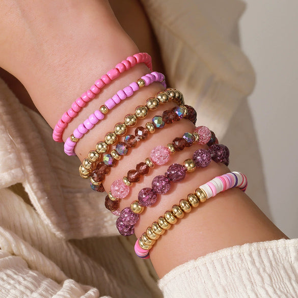 Wholesale Women's Handmade Acrylic Geometric Crystal Beaded Elastic Rope Bracelet Suit