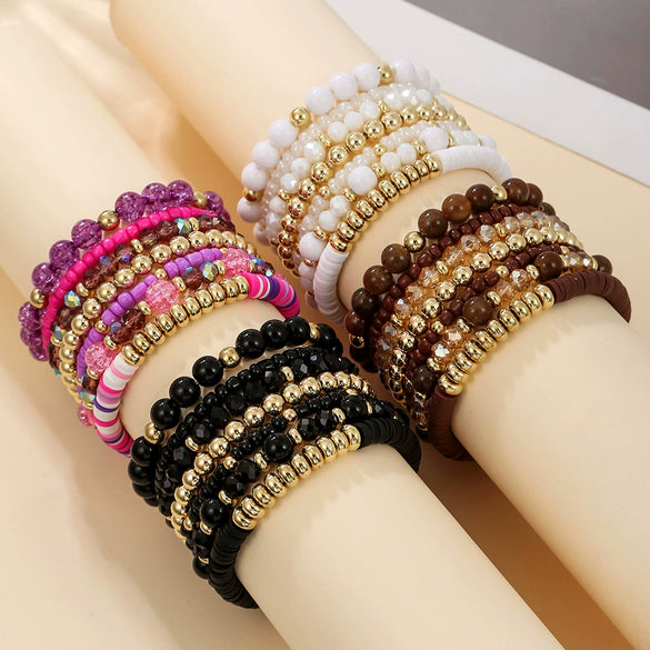 Wholesale Women's Handmade Acrylic Geometric Crystal Beaded Elastic Rope Bracelet Suit
