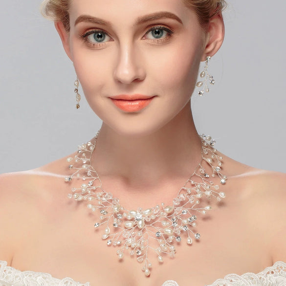 Wholesale Women's Handmade Alloy Pearl Rhinestone Crystal Bridal Jewelry Set With Ball Chain Earrings Necklace