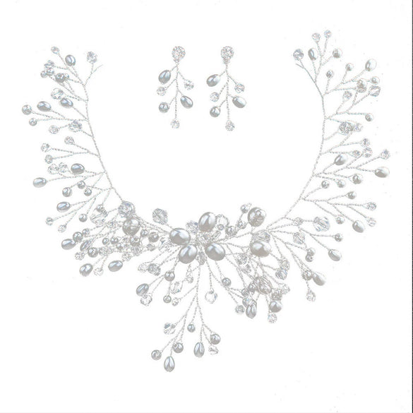 Wholesale Women's Handmade Alloy Pearl Rhinestone Crystal Bridal Jewelry Set With Ball Chain Earrings Necklace