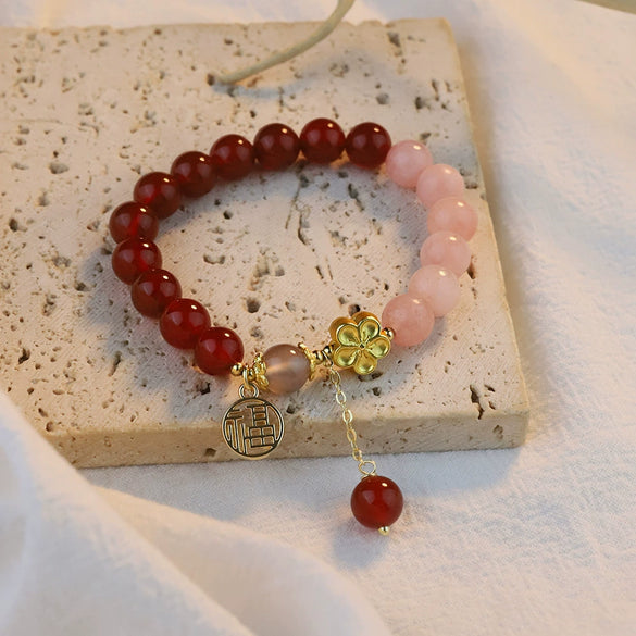 Wholesale Women's Handmade Artificial Crystal Peach Blossom And Red Agate Elegant Bracelet
