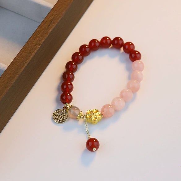 Wholesale Women's Handmade Artificial Crystal Peach Blossom And Red Agate Elegant Bracelet