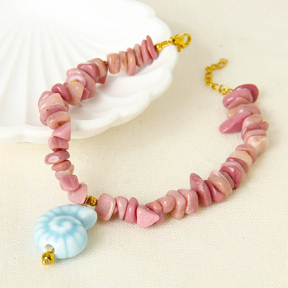 Wholesale Women's Handmade Beaded Anklet Bracelet Necklace With Conch Pendant Ceramic Natural Red Stone Stainless Steel Ball Chain Electroplated Marine Jewelry