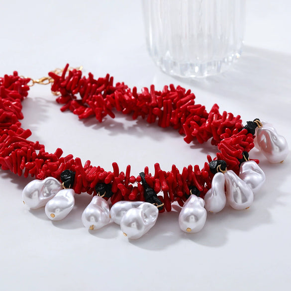 Wholesale Women's Handmade Beaded Multilayer Imitation Pearl Necklace With Geometric Pattern And Mixed Gemstone Setting