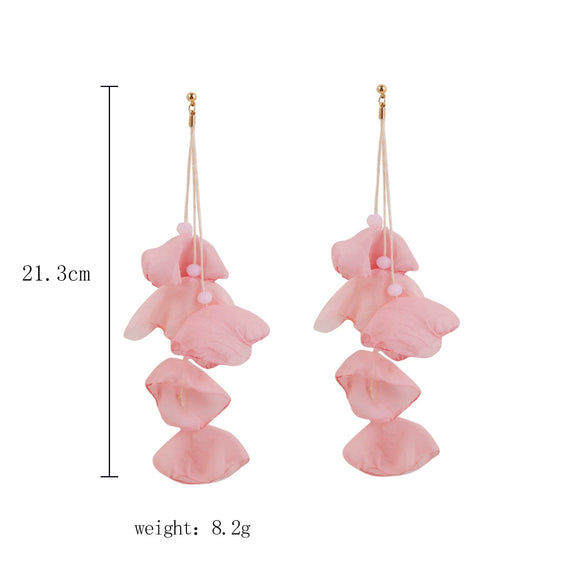 Wholesale Women's Handmade Fabric Flower Exaggerated Large Long Tassel Earrings Sweet Style