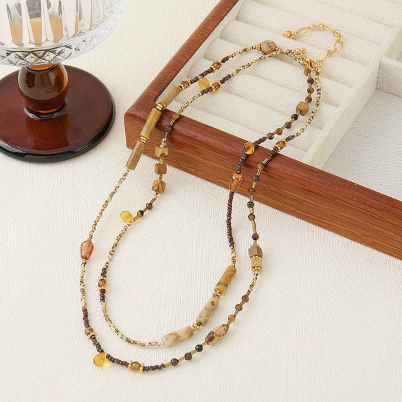 Wholesale Women's Handmade Geometric Czech Beads Red Agate Red Stone Copper Pendant Necklace