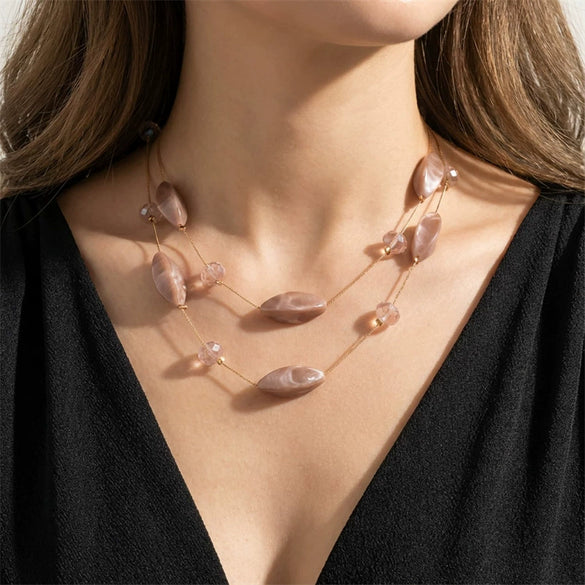 Wholesale Women's Handmade Geometric Marble Resin And Alloy Beaded Doublelayer Necklace