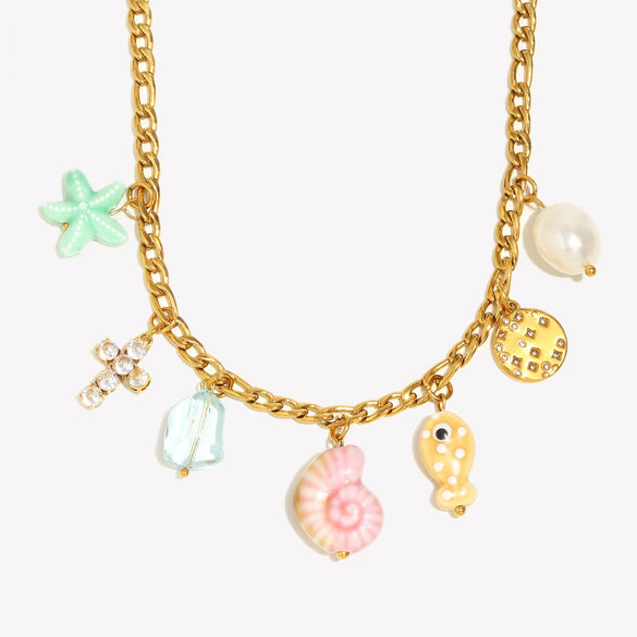 Wholesale Women's Handmade Geometric Stainless Steel Ocean Style Colorful Shell Conch Starfish Necklace