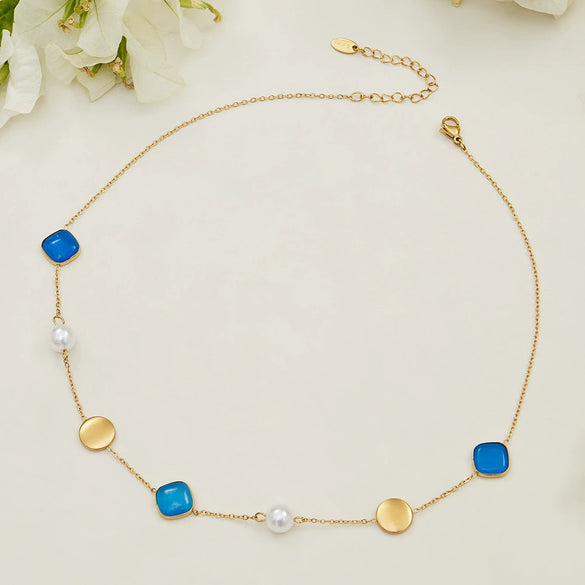 Wholesale Women's Handmade Geometric Stainless Steel Rubber Bead Clavicle Necklace With 18K Real Gold Texture Plating