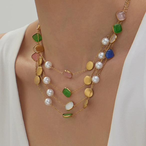 Wholesale Women's Handmade Geometric Stainless Steel Rubber Bead Clavicle Necklace With 18K Real Gold Texture Plating