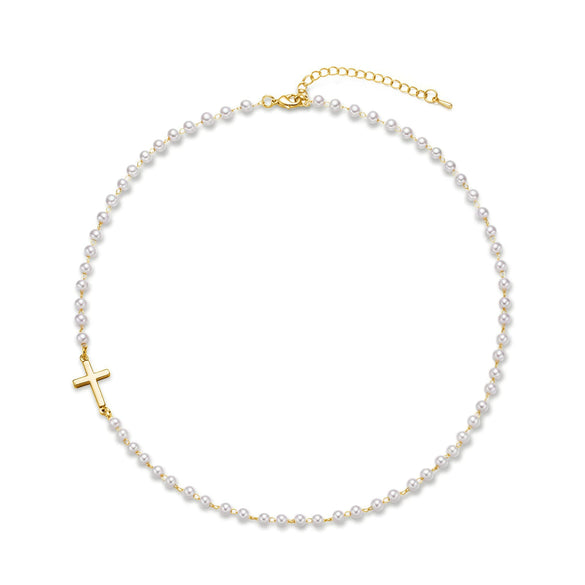 Wholesale Women's Handmade Imitation Pearl Cross Necklace With Copper Pendant And Geometric Pattern Electroplated