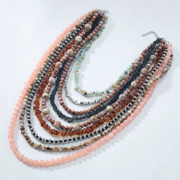Wholesale Women's Handmade Multilayer Beaded Clavicle Chain Necklace With Artificial Crystal And Alloy Geometric Pattern Snake Bone Chain Style